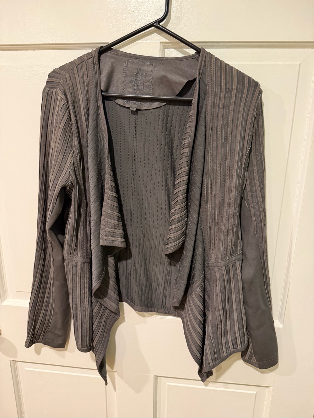 My Tribe Grey Striped Open Draped Leather Blazer